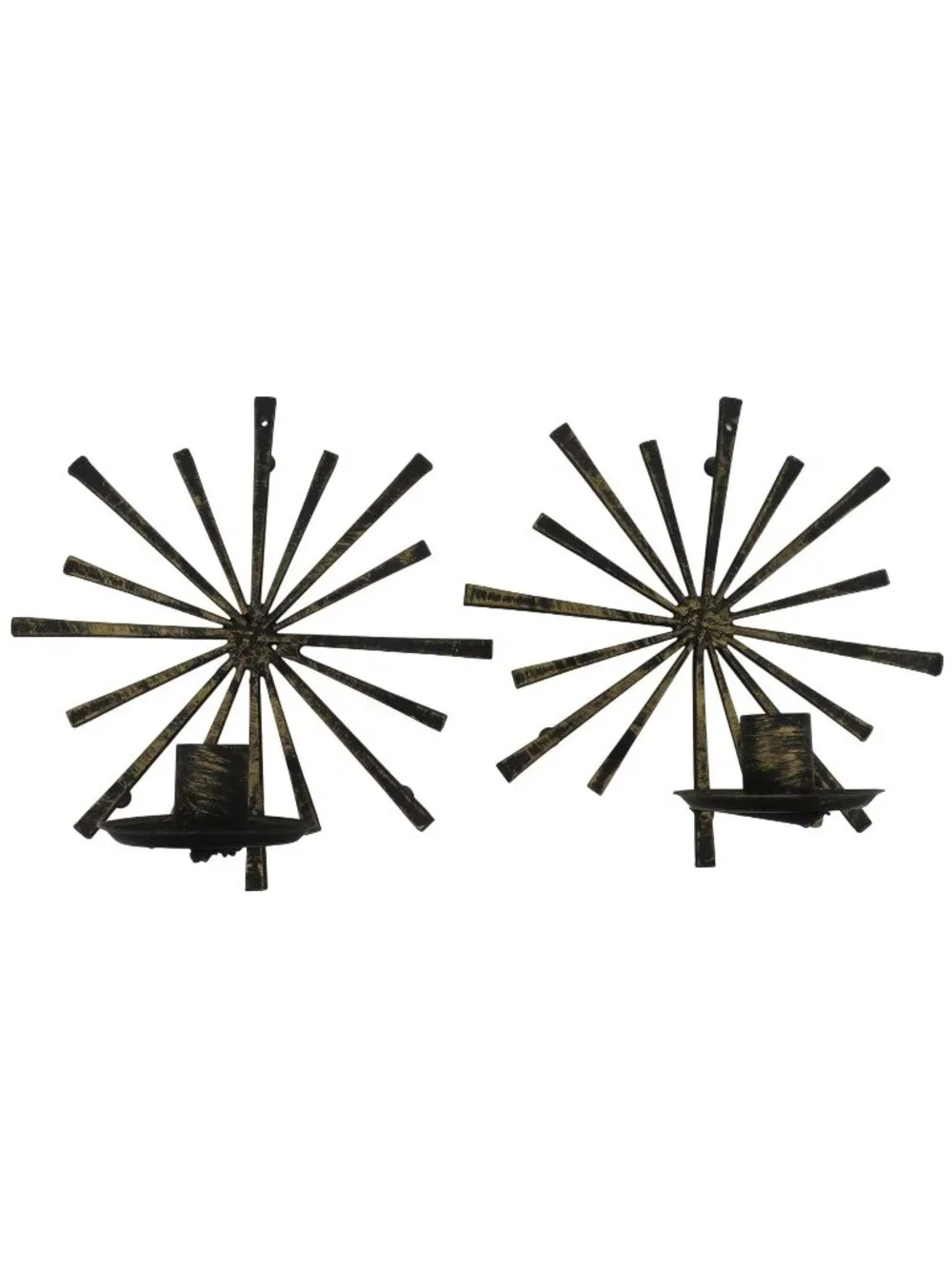 Brutalist Set of 2 Black Gold Metal Starburst Hanging Wall Candle Sconces VTG